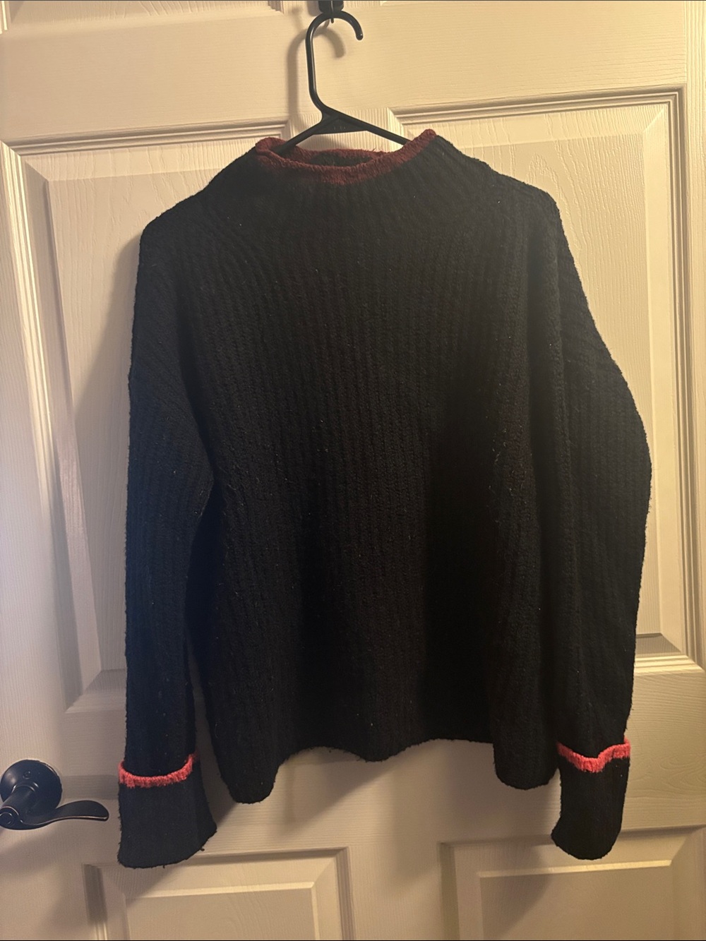 Maeve Black MockSweater with Burgundy and Pink Trim